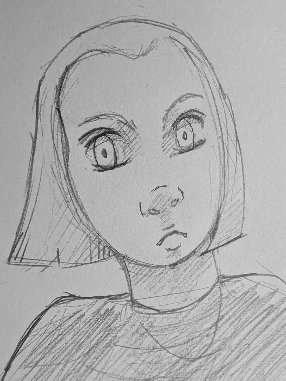 A pencil sketch of a person with wide, startled eyes and a slightly downturned mouth, conveying shock or disbelief. The text…