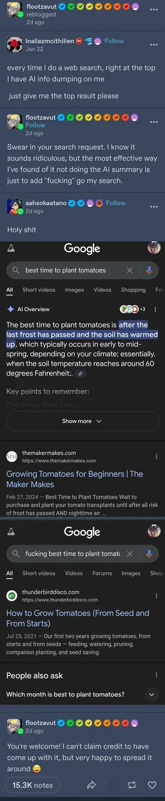 The image shows two Google search results for 'best time to plant tomatoes'. The first result displays a clean AI Overview…