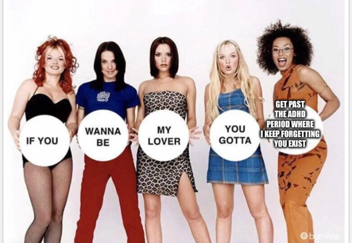 Five women from the Spice Girls pose holding white circles with text. From left to right, the circles read: 'IF YOU', 'WANNA…