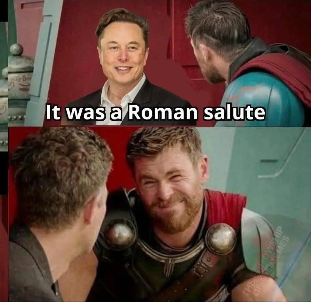 The top panel shows Elon Musk smiling while facing Thor, who is seen from behind. The bottom panel shows Thor smiling back…