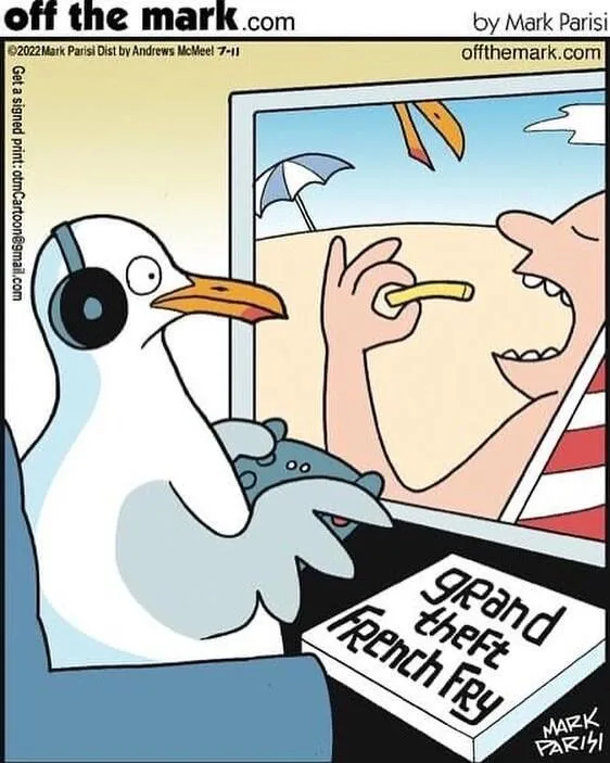A cartoon seagull wearing headphones sits at a desk, holding a game controller, and watching a video game on a monitor. The…