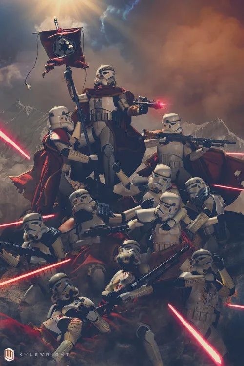 A dramatic, painterly image depicts numerous stormtroopers in white armor, many wielding red lightsabers instead of…
