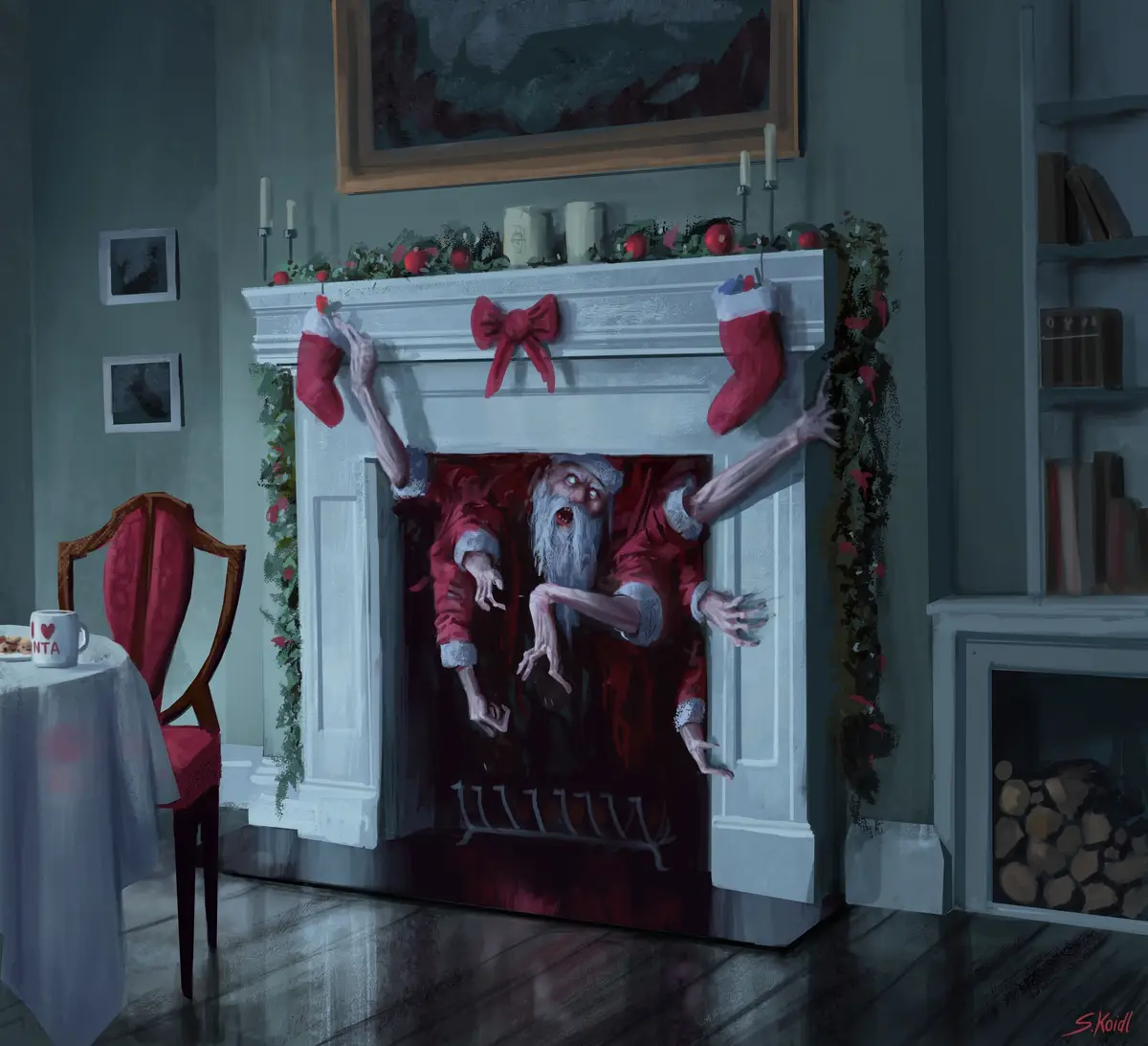 A creepy, zombie-like Santa Claus with a pale, decaying face and multiple arms is emerging from a fireplace in a dimly lit…