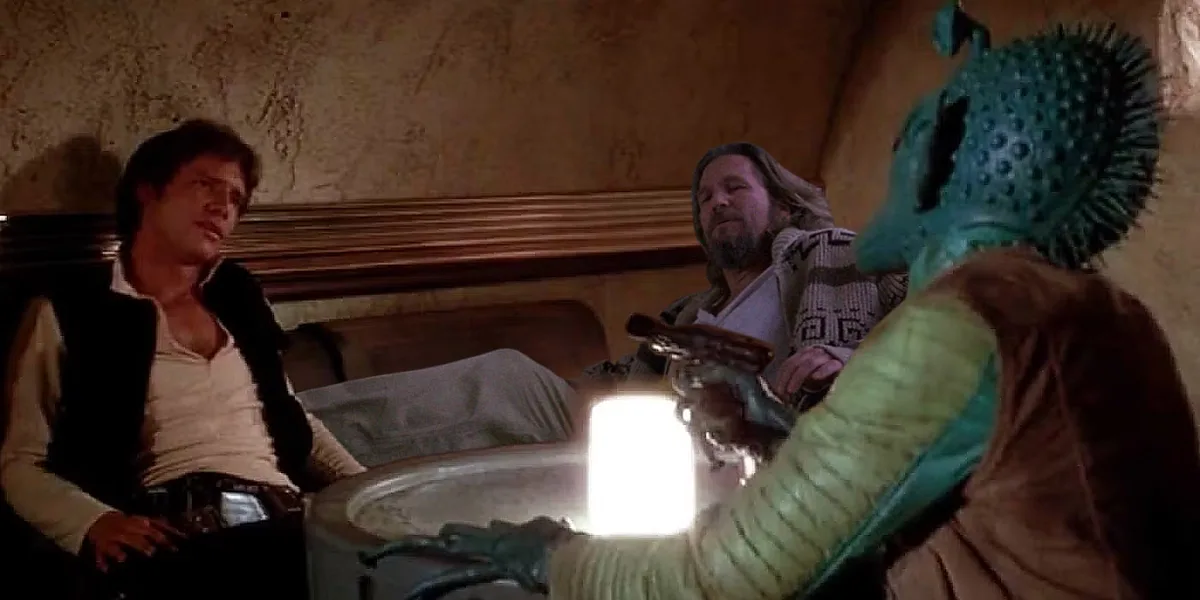 in a dimly lit room, han solo sits alertly while luke skywalker appears to be asleep or unconscious. a green-skinned…