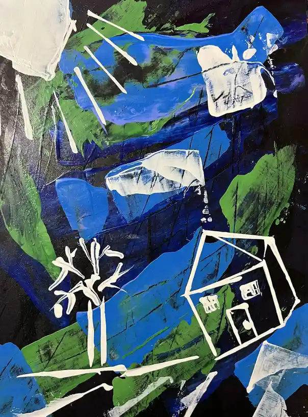 An abstract painting with bold blue, green, and white strokes on a dark background, featuring a simple white outline of a…