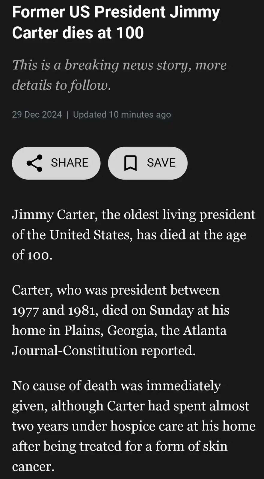 A screenshot of a fake breaking news article with a dark background and white text, announcing the death of former US…