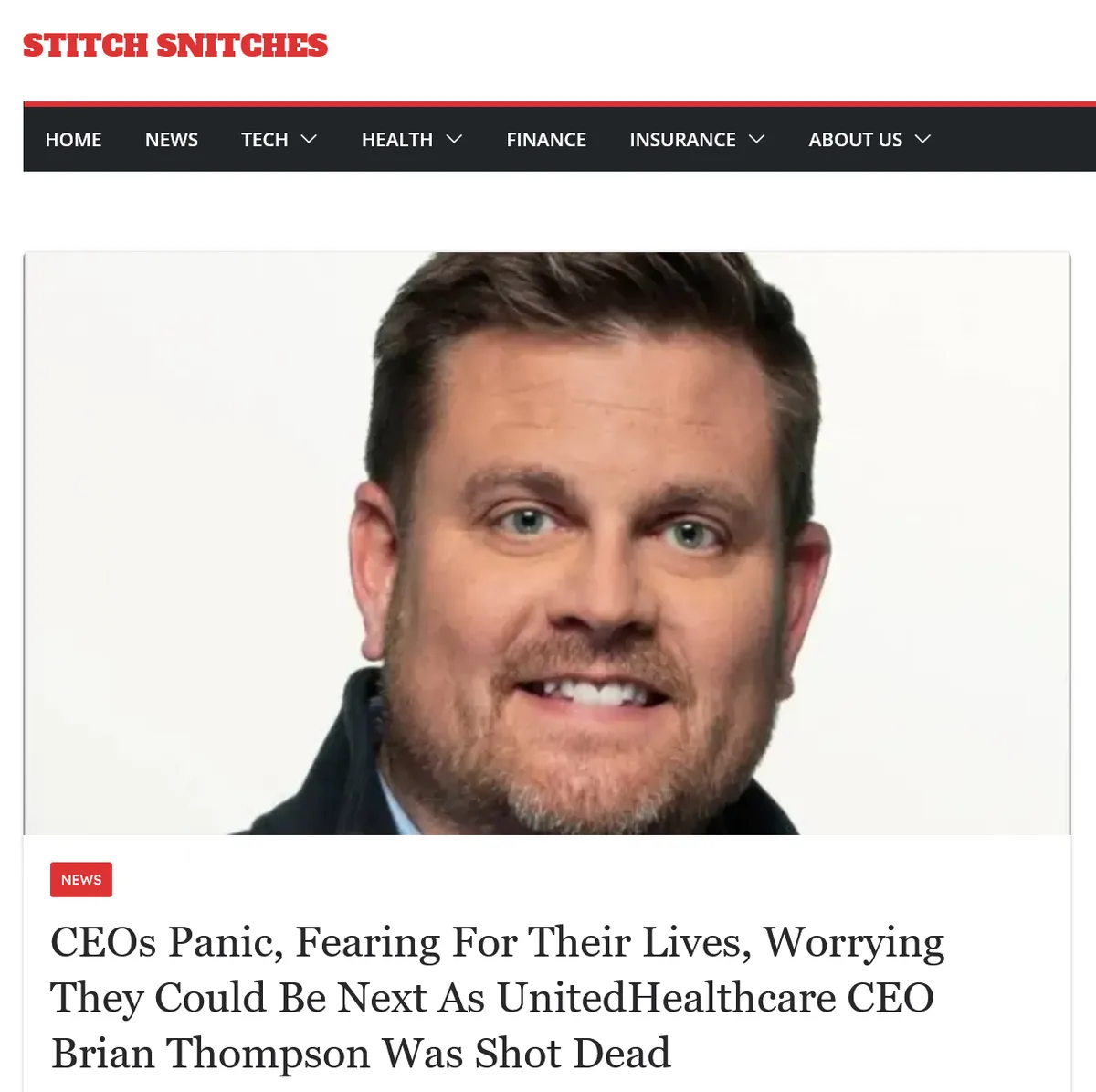 A screenshot of a fake news article from 'Stitch Snitches' featuring a smiling photo of Brian Thompson. The headline reads…