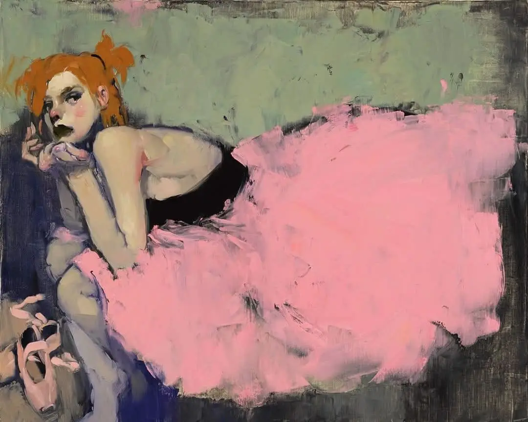 An oil painting depicts a young ballerina with orange hair in a messy bun, wearing a pink tutu and black leotard, sitting on…