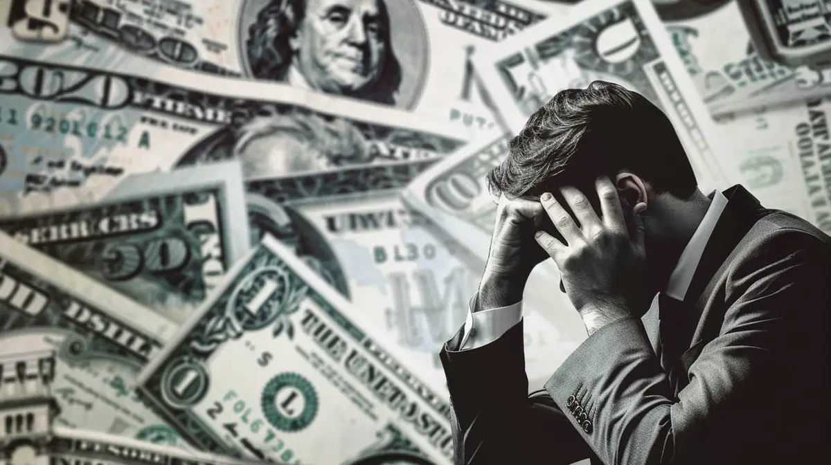 A man in a suit sits with his head in his hands, surrounded by scattered US dollar bills of various denominations. The image…