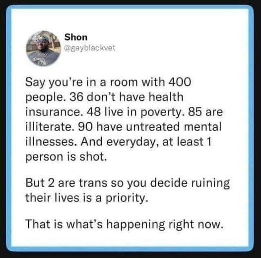 A screenshot of a tweet by user Shon (@gayblackvet) presents a stark statistical comparison: 400 people in a room with…