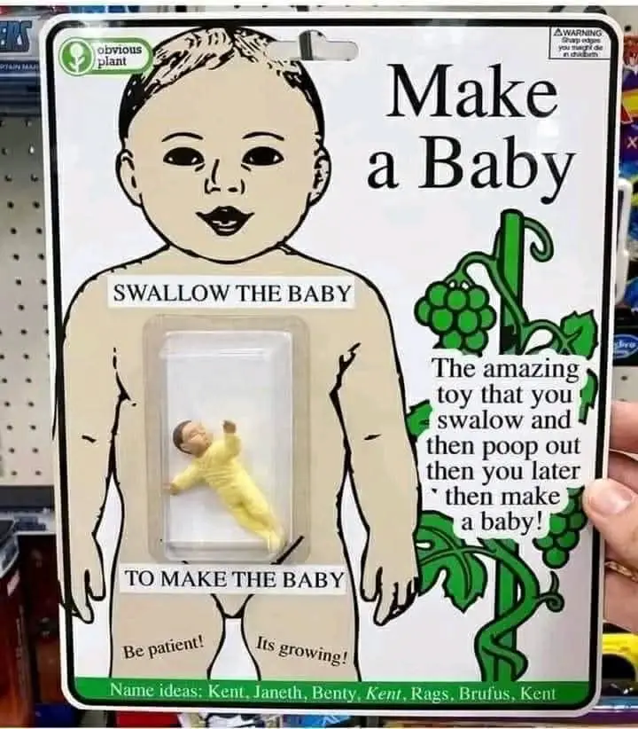 A product package labeled 'Make a Baby' features a cartoon baby outline with a small plastic baby figurine inside its torso…
