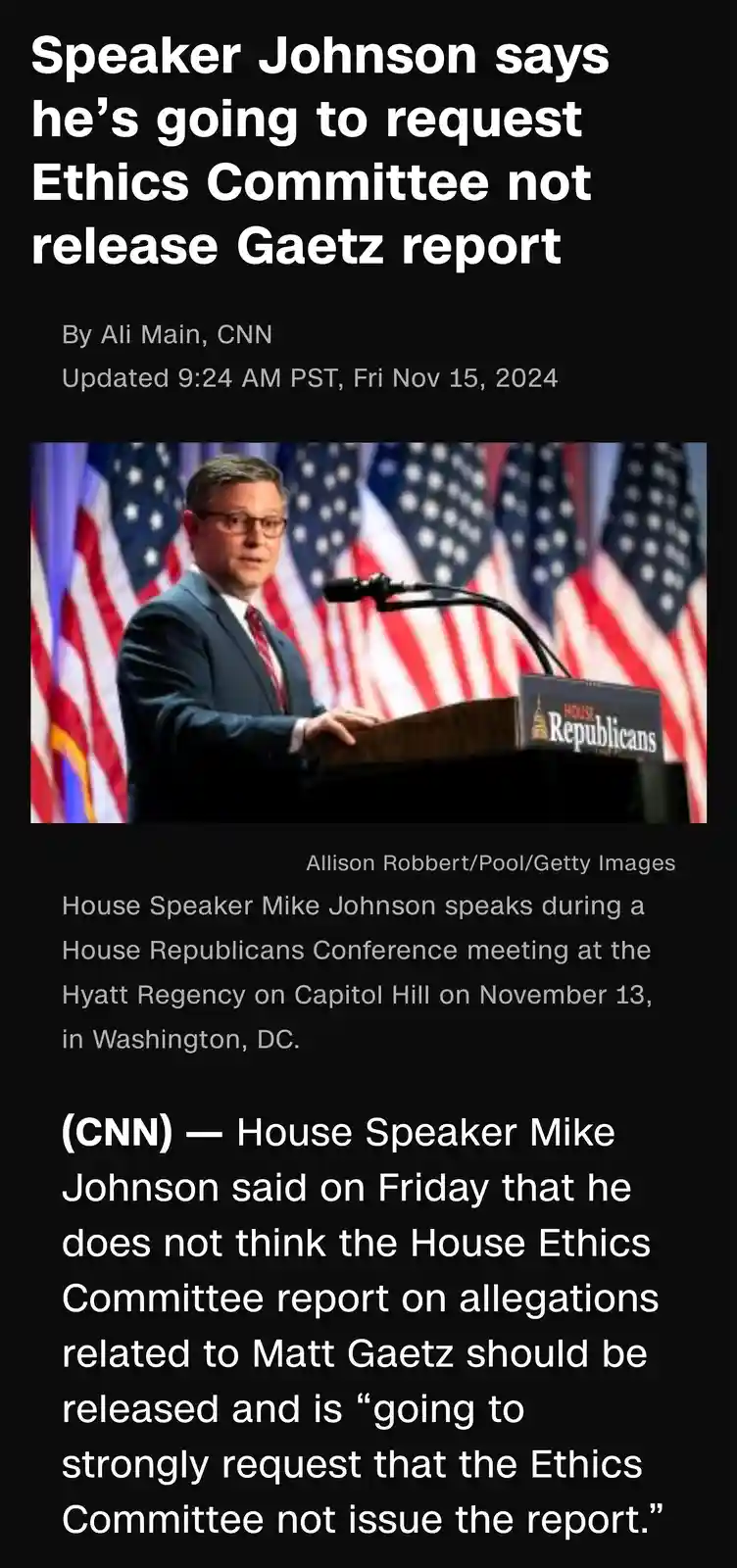 A screenshot of a CNN news article shows House Speaker Mike Johnson speaking at a podium with American flags behind him. The…