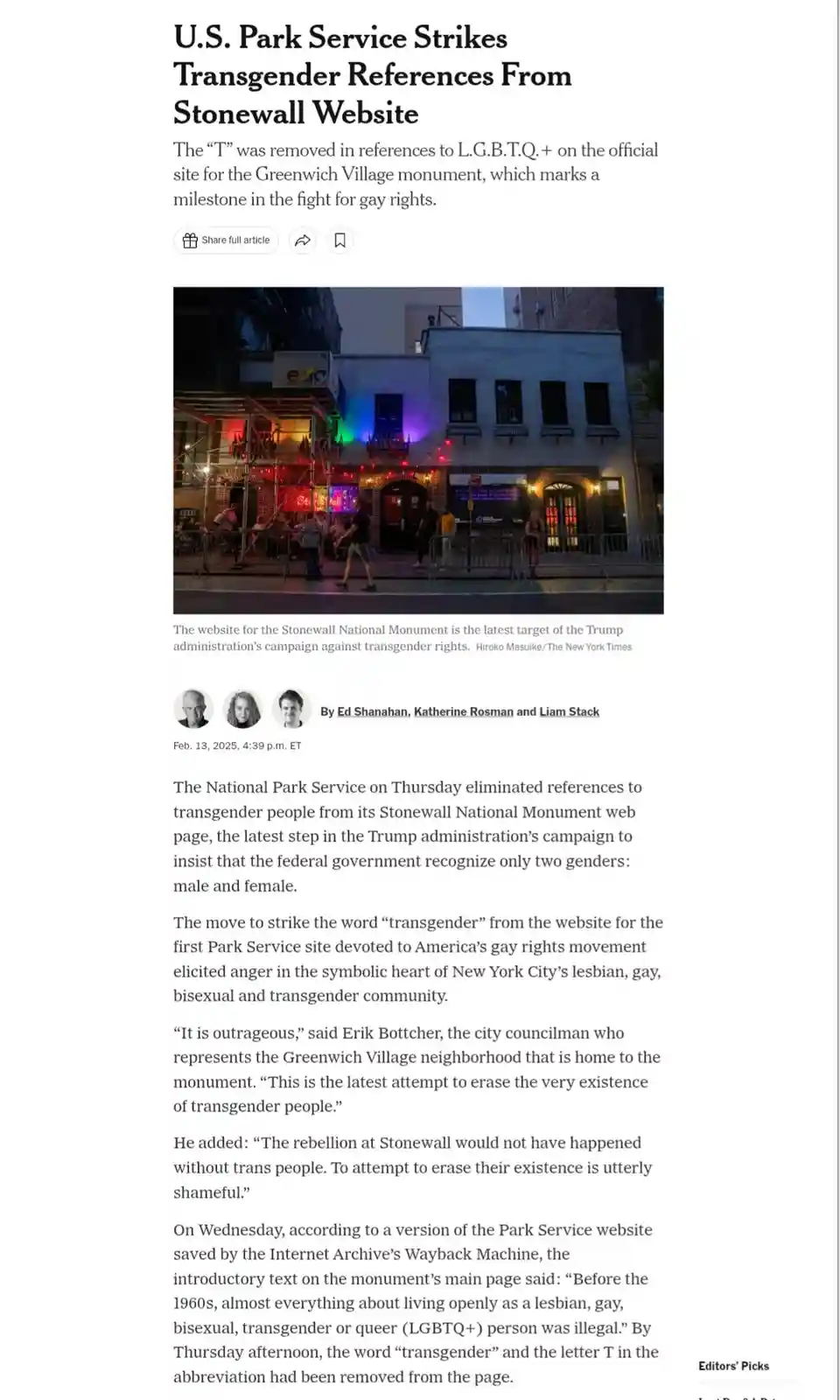A screenshot of a New York Times article headline about the U.S. Park Service removing the 'T' from 'LGBTQ+' on the…