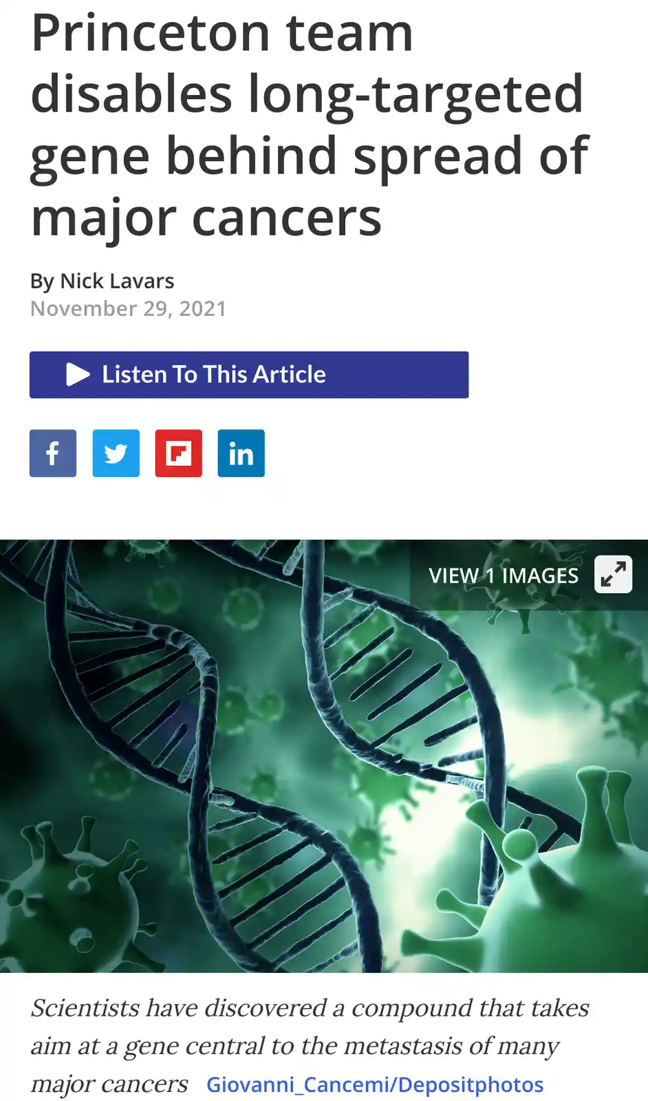 The image is a screenshot of a news article header with a headline about a Princeton team disabling a cancer-related gene…