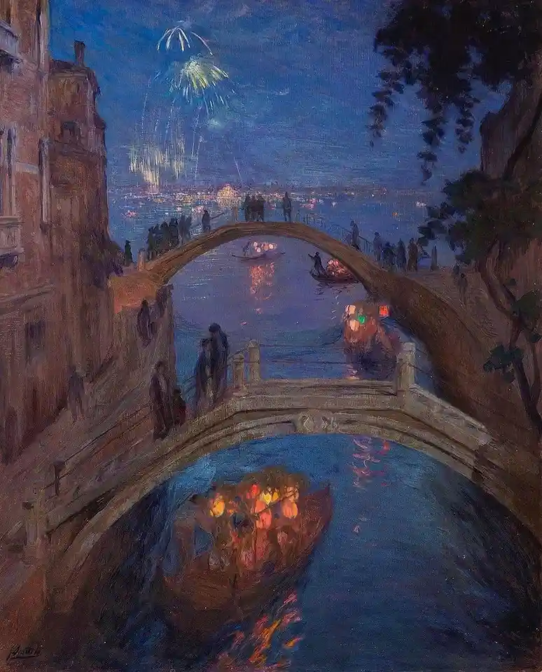 A painting depicts a Venetian canal at night with two stone bridges, boats with glowing lanterns, and people on the bridges…