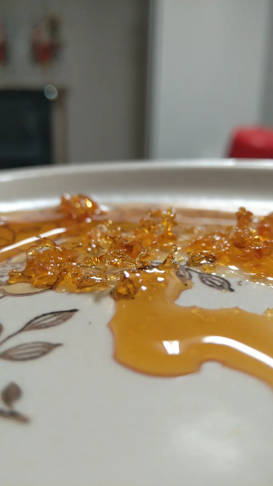 A close-up photo shows amber-colored honey or syrup spread across a white ceramic plate with brown leaf patterns. The liquid…