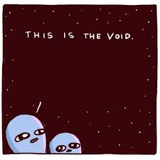 Two small, blue, cartoonish figures with wide, unblinking eyes peek from the bottom of a dark, star-speckled void. Above…