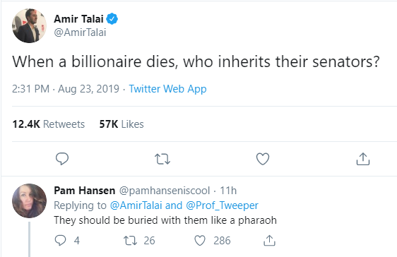 A screenshot of a Twitter thread shows user Amir Talai asking, 'When a billionaire dies, who inherits their senators?'…