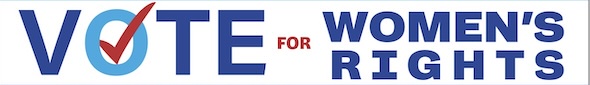 A political campaign banner with the text 'VOTE FOR WOMEN'S RIGHTS' in bold blue letters. The letter 'O' in 'VOTE' is…