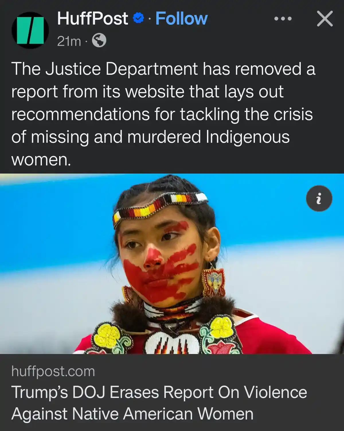 A screenshot of a HuffPost news post about the DOJ removing a report on missing and murdered Indigenous women, overlaid with…