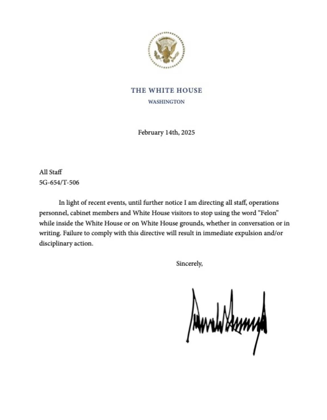 A fake White House memo dated February 14th, 2025, addressed to 'All Staff' with a signature that appears to be Donald…