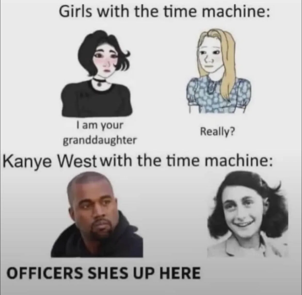 The image is split into two sections. The top shows two cartoon girls; one says 'I am your granddaughter' and the other…