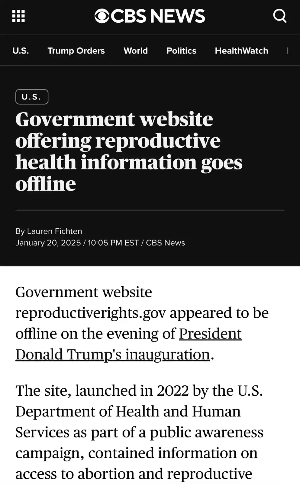 A screenshot of a CBS News article from January 20, 2025, reports that the government website reproductiverights.gov went…