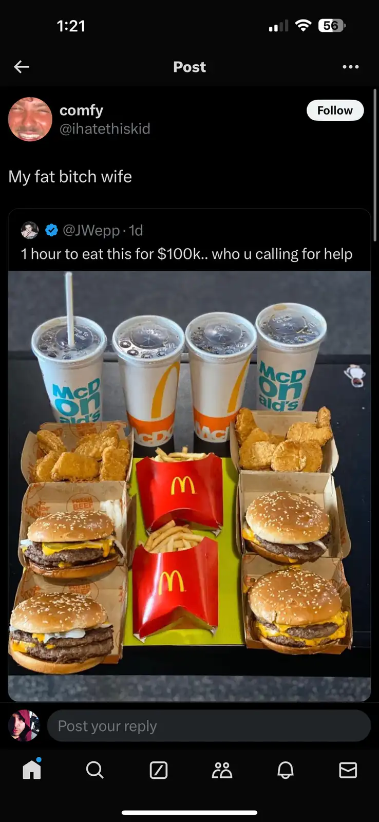 A screenshot of a social media post showing a large McDonald's meal with four drinks, two boxes of chicken nuggets, two…