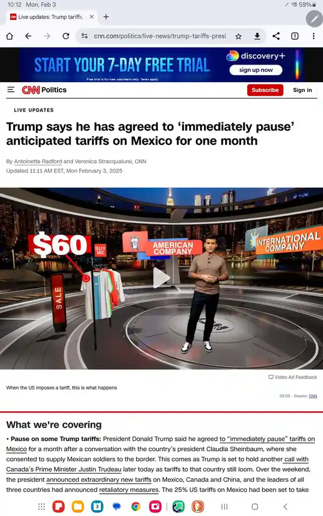 A screenshot of a CNN Politics article about Trump pausing tariffs on Mexico is overlaid with a meme image of a news anchor…