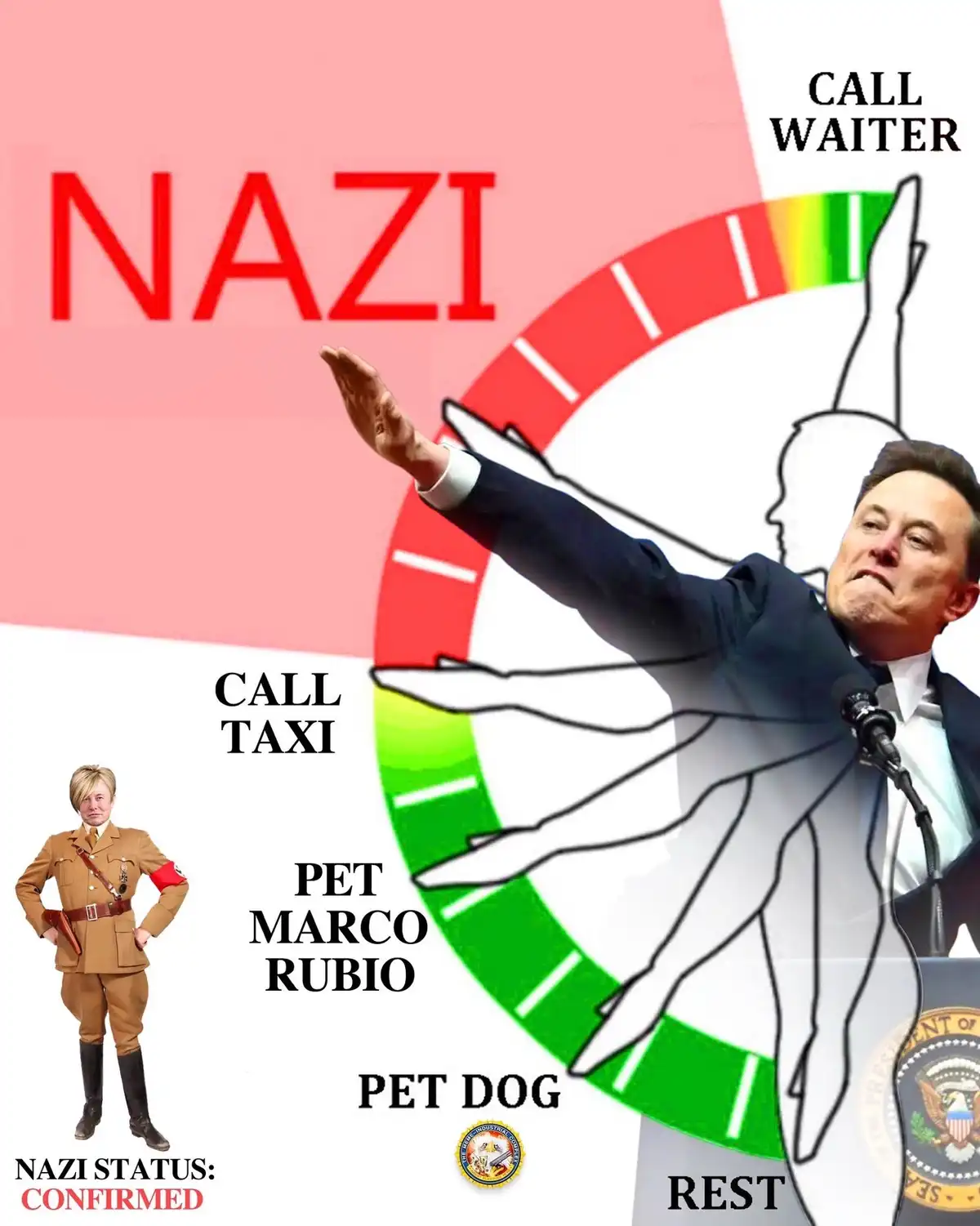 An image of Elon Musk giving a Nazi salute while standing at a podium with the presidential seal, overlaid with a colorful…