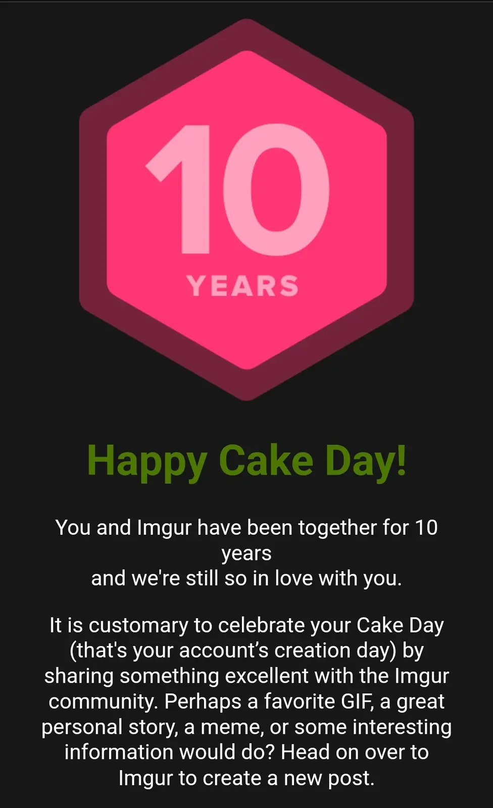 A black background displays a pink hexagon with the number '10' and the word 'YEARS' inside. Below it, green text reads…