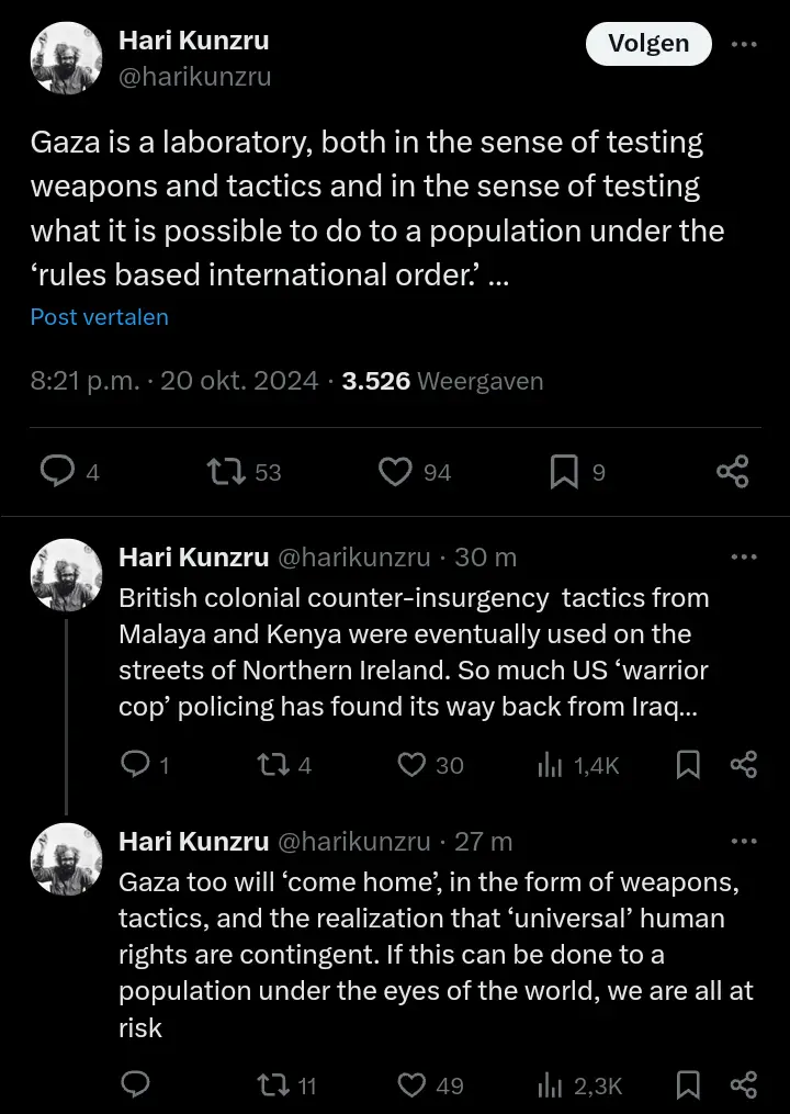 A screenshot of three consecutive tweets from user Hari Kunzru, each discussing the militarization and historical precedent…