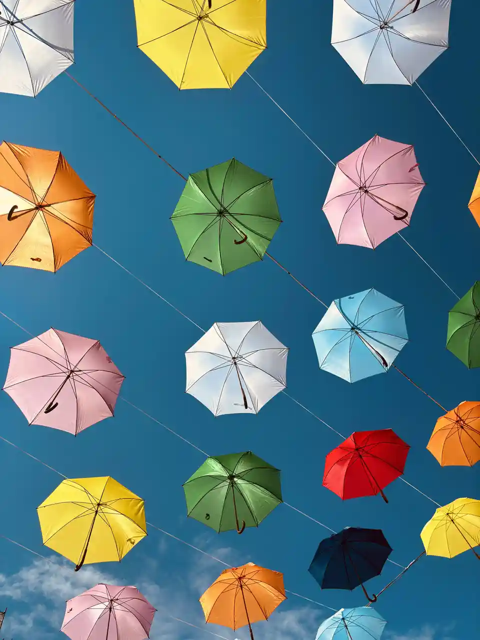 A vibrant photo shows numerous open umbrellas of various colors—yellow, green, pink, orange, blue, red, and white—suspended…