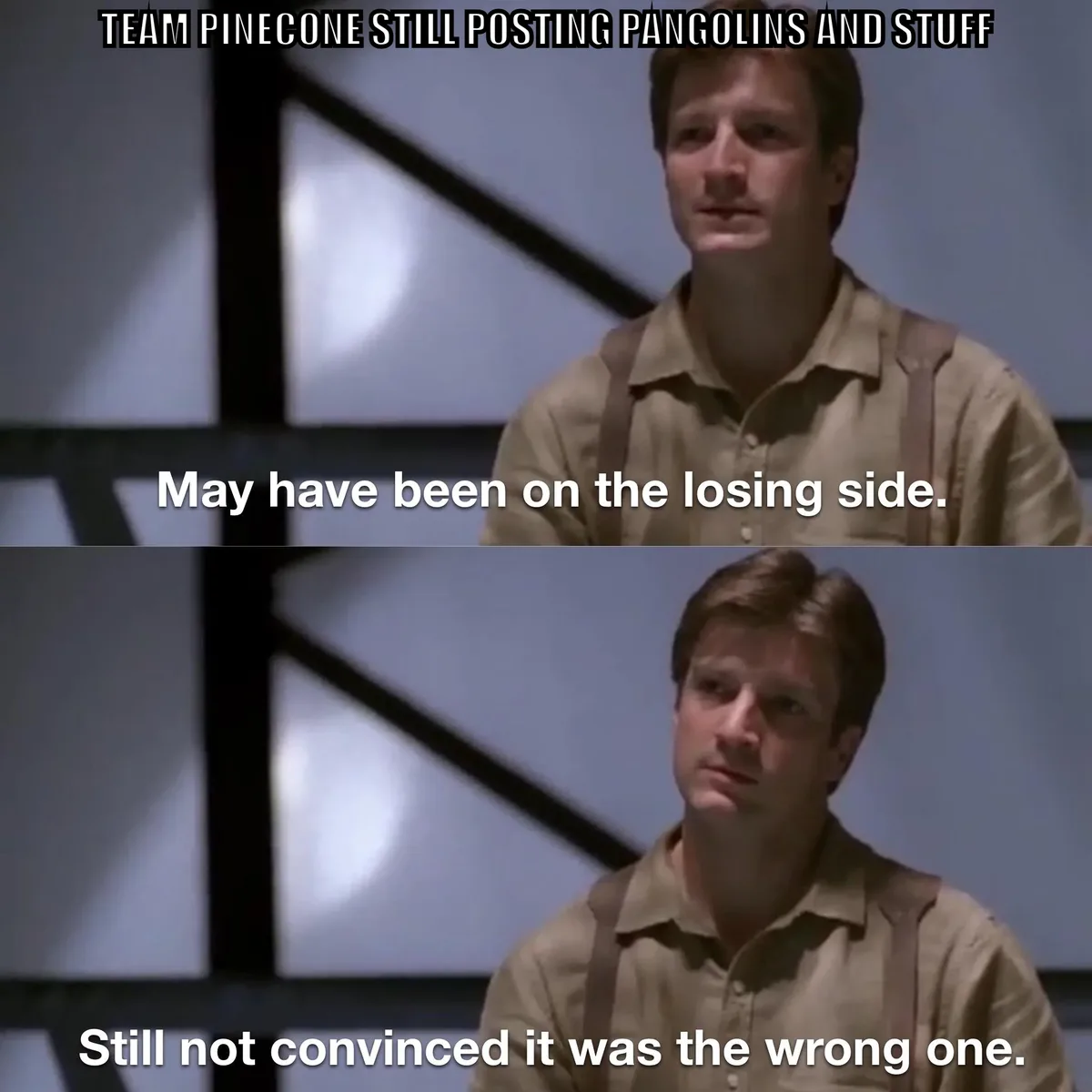 The image is a two-panel meme featuring a man in a beige shirt and suspenders with a serious, slightly confused expression…