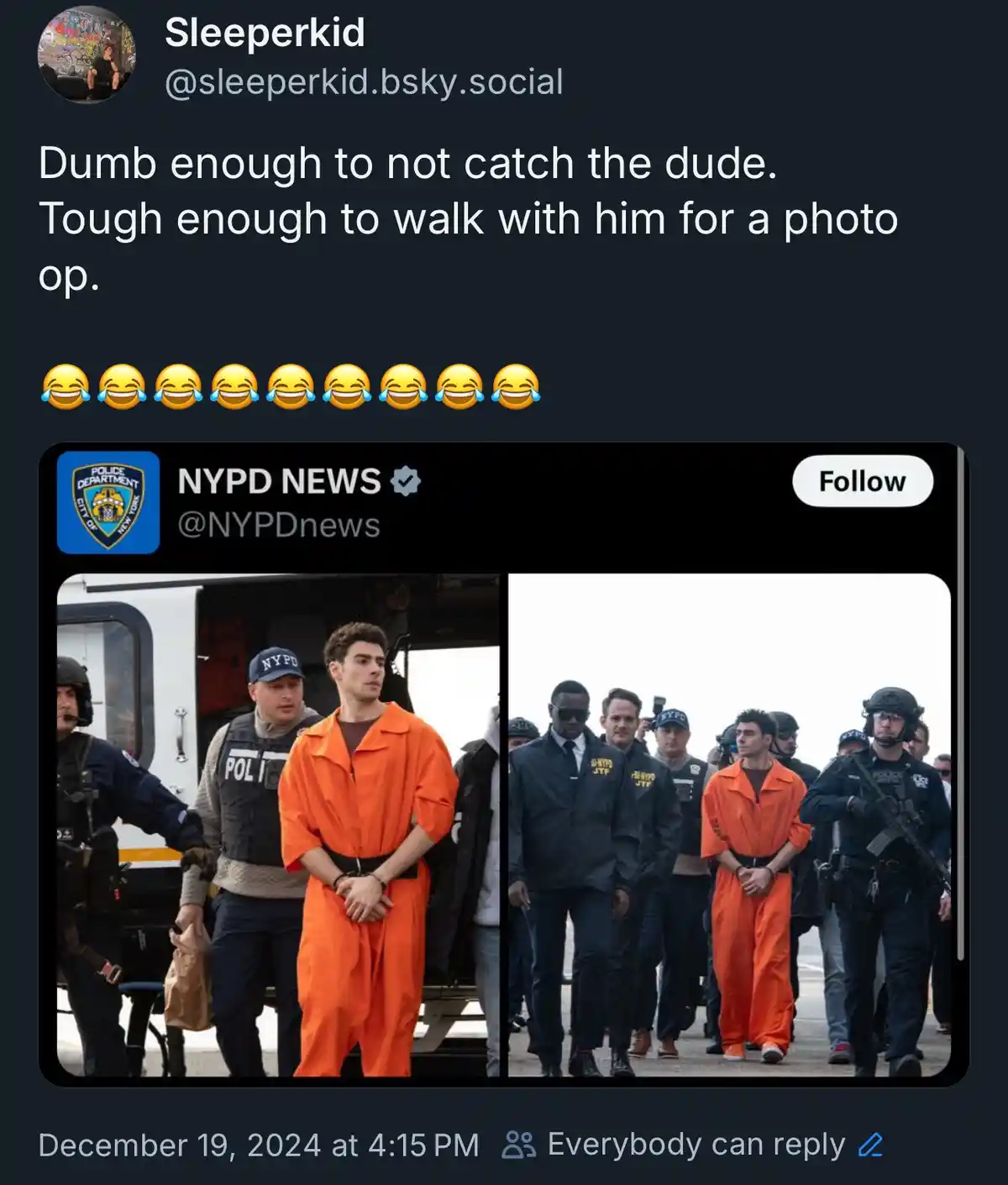 A screenshot of an NYPD News tweet showing a young man in orange prison jumpsuit being escorted by police officers. The…