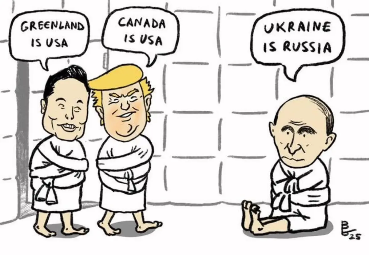 A cartoon depicts three men in white bathrobes in a tiled room. Two men on the left stand with arms crossed, one with dark…