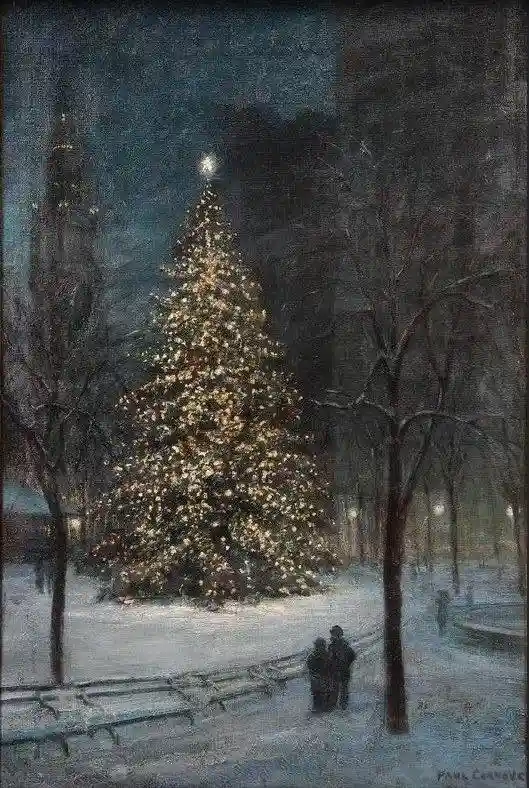 A painting depicts a large, brightly lit Christmas tree in a snowy park at night, with two small figures standing nearby…