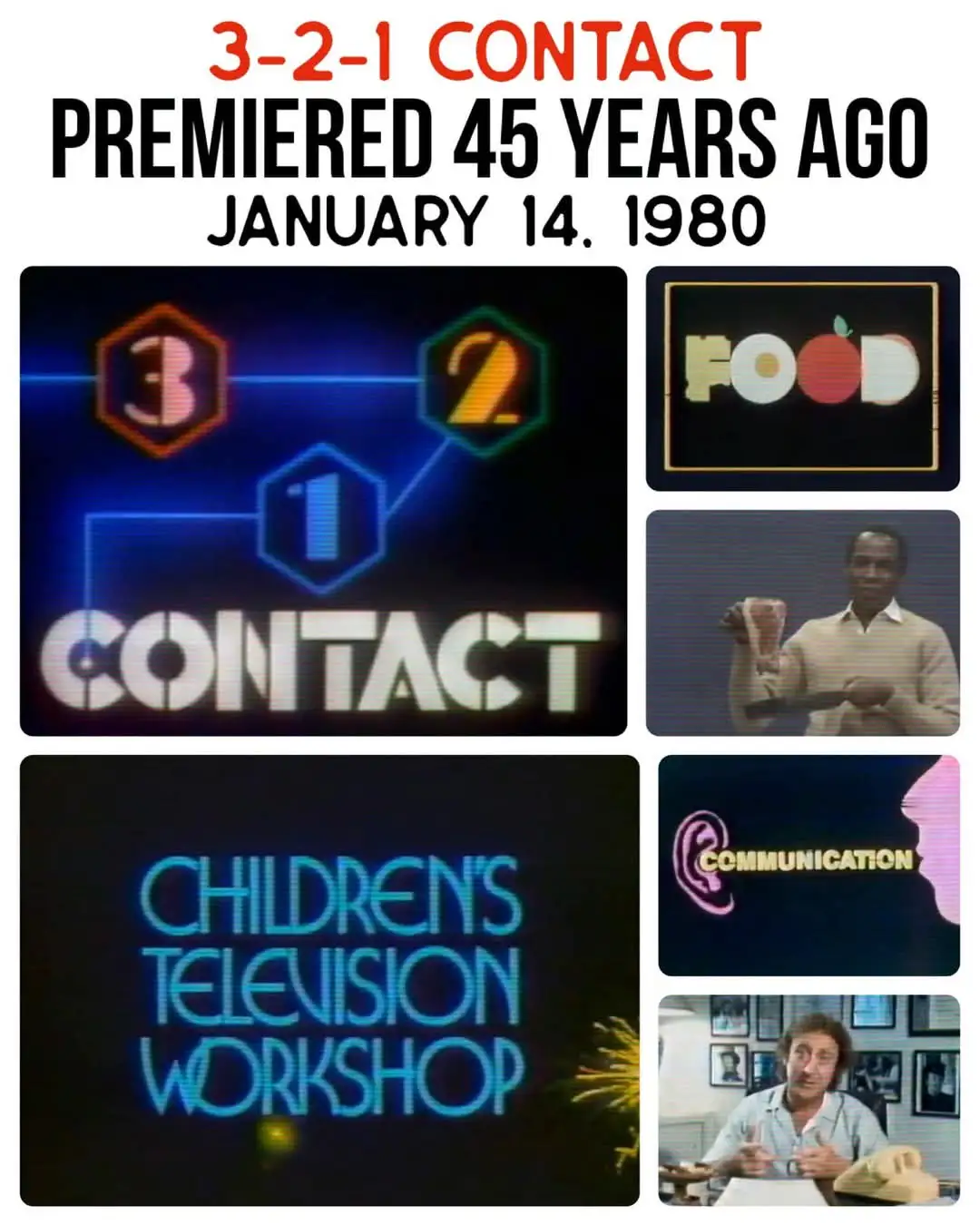 A collage of six images from the 1980s children's show '3-2-1 Contact,' including its title card, the 'Children's Television…