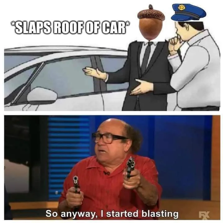 Top panel: A cartoon man with an acorn for a head slaps the roof of a car while a cartoon police officer watches. Bottom…