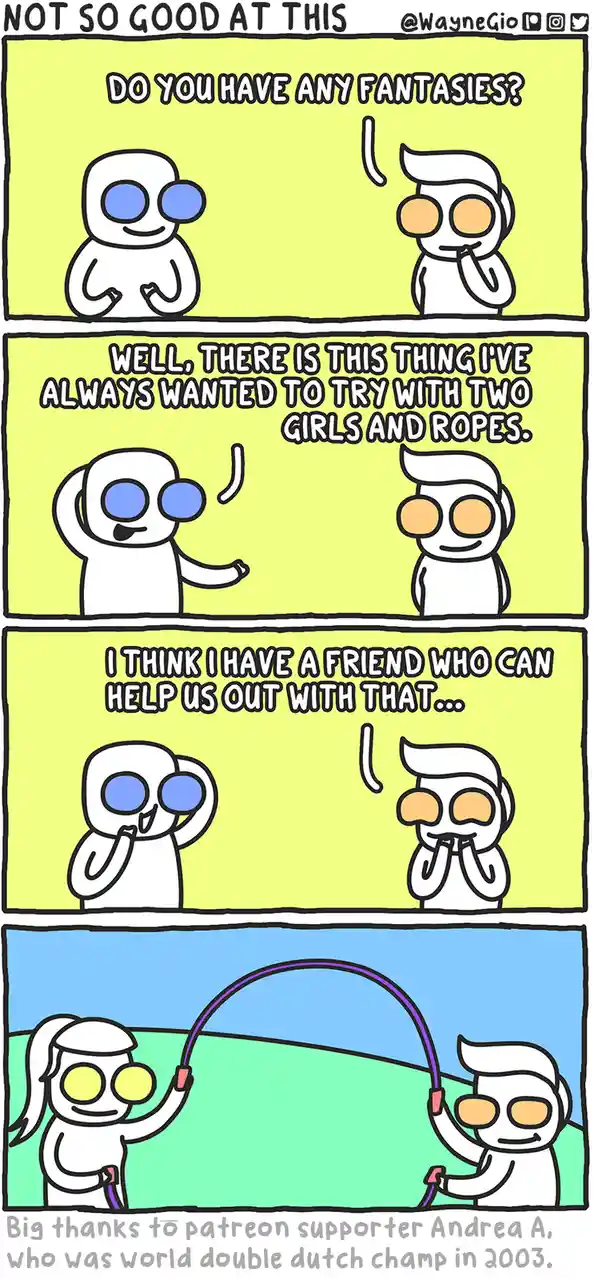 A four-panel comic shows two cartoon characters discussing fantasies. One character suggests trying something with two girls…