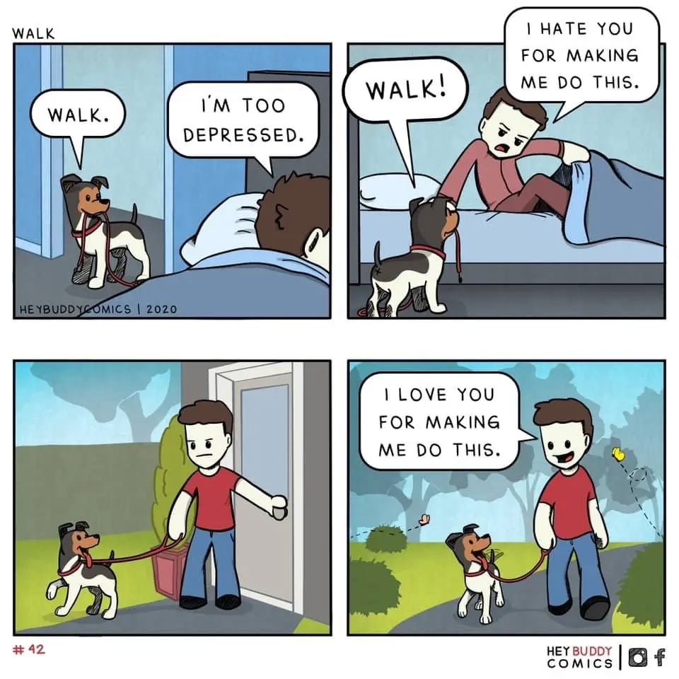 A four-panel comic shows a dog persistently asking its owner to go for a walk. The owner initially refuses, saying he's too…