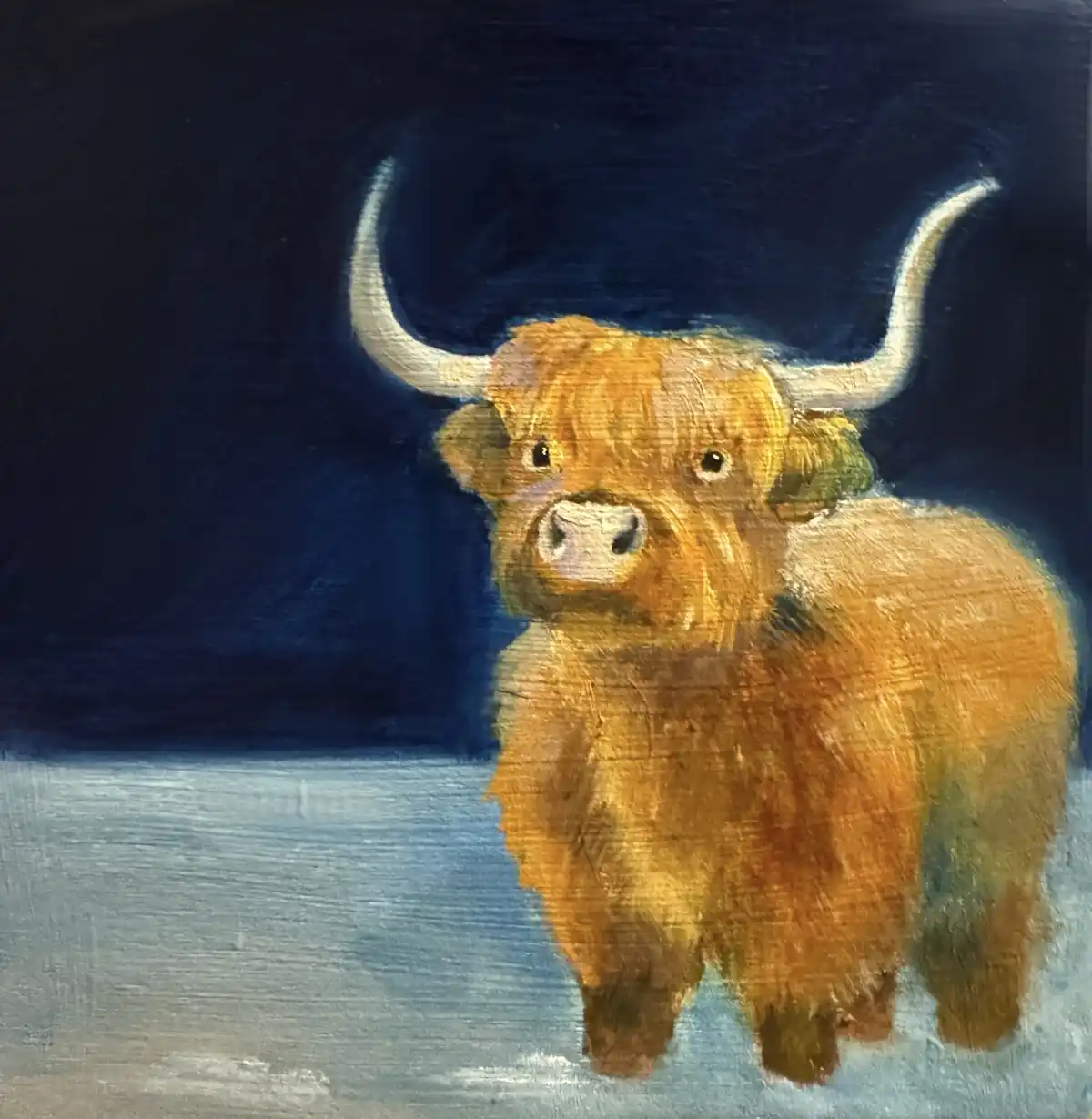 A painting of a Highland cow with long horns and shaggy brown fur standing in a snowy landscape against a dark blue…
