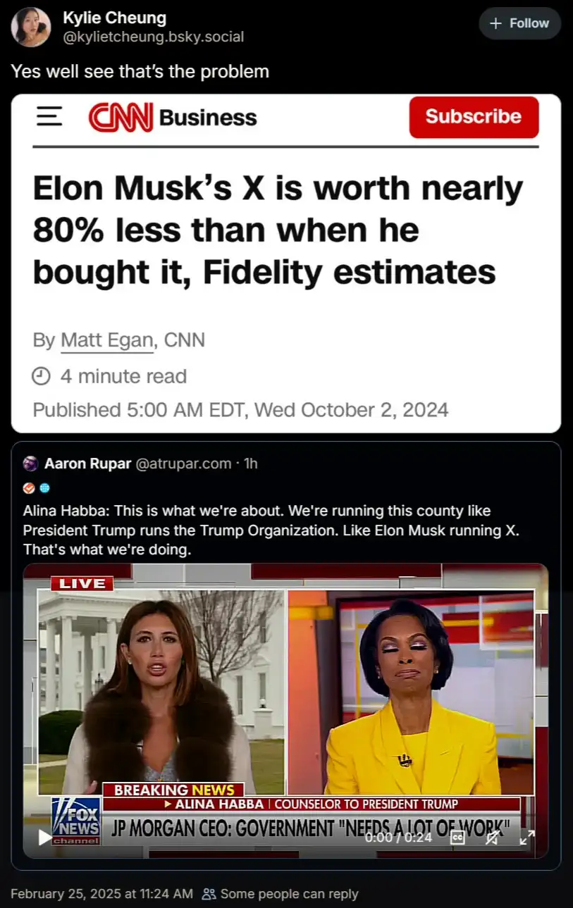 The image displays a screenshot of a CNN Business article headline stating that Elon Musk’s X is worth nearly 80% less than…