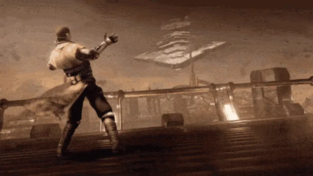 The image shows a sequence of six panels from a video game, depicting a character in a cape running toward a large…