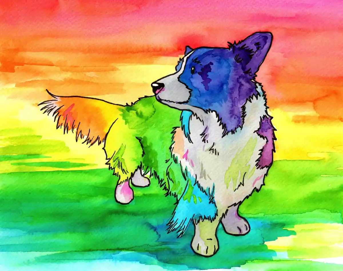 A watercolor painting of a dog standing in a field with a rainbow-colored sky, its fur painted in vibrant rainbow hues. The…