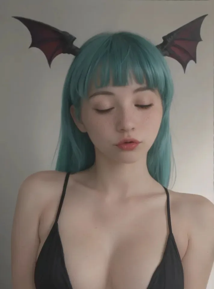 A person with teal hair and bat-wing headpieces is shown with eyes closed and a serene expression, wearing a black top. The…