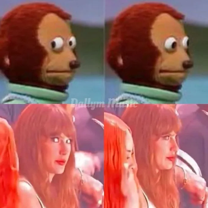 The image is a four-panel meme grid. Top panels show a close-up of a brown puppet monkey with wide, unblinking eyes and a…