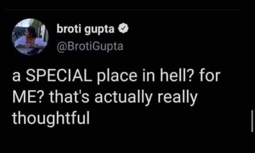 A screenshot of a tweet by user 'broti gupta' with a verified checkmark, showing a profile picture of a person. The tweet…