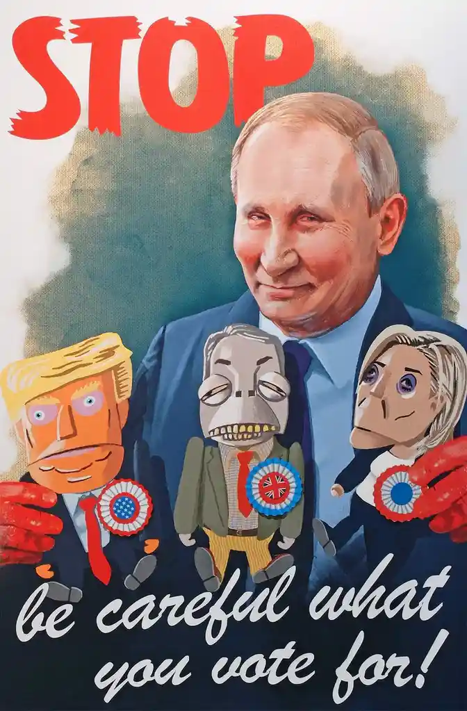 A propaganda-style poster features a large portrait of Vladimir Putin with red-gloved hands holding three cartoonish…