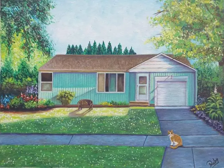 A painting of a light blue single-story house with a garage, surrounded by greenery and a sidewalk. A small orange tabby cat…